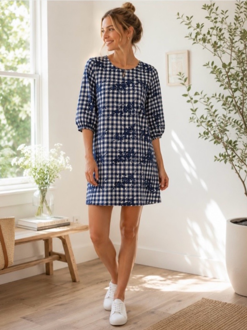 Olivaceous Sz S Gingham Dress Navy White Check Embroidered Flowers Puff Sleeves